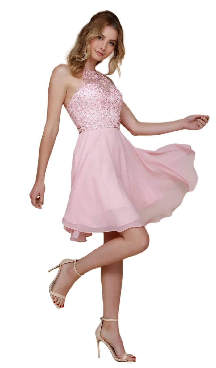 Nox Anabel - Y629 Embellished Illusion Halter Chiffon A-line Dress Special Occasion Dress XS / Blush
