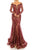 Odrella - 1080 Bejeweled Plunging Off Shoulder Metallic Lace Gown Evening Dresses 0 / Burgundy