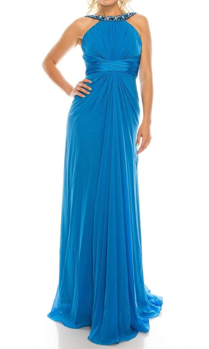 Odrella - 1698 Gathered Embellished Halter Crepe Chiffon Evening Dress Special Occasion Dress 00 / Blue
