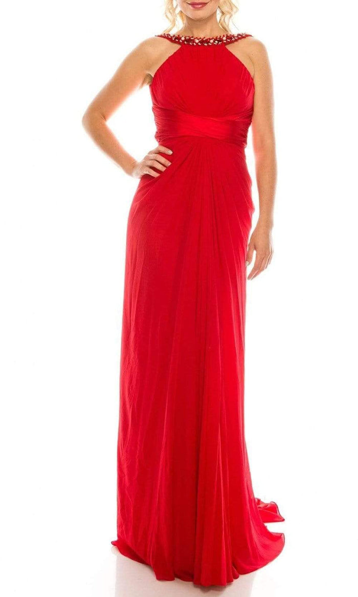 Odrella - 1698 Gathered Embellished Halter Crepe Chiffon Evening Dress Special Occasion Dress 00 / Red