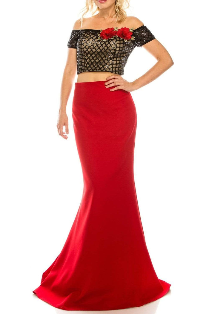 Odrella - 4599 Two Piece Sequined Off-Shoulder Evening Gown Evening Dresses 0 / Red