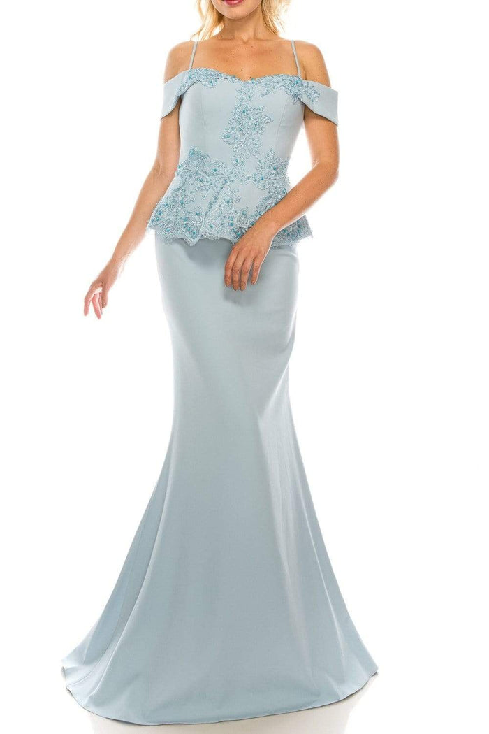 Odrella - 4617 Appliqued Peplum Accented Trumpet Gown Evening Dresses 0 / Blue