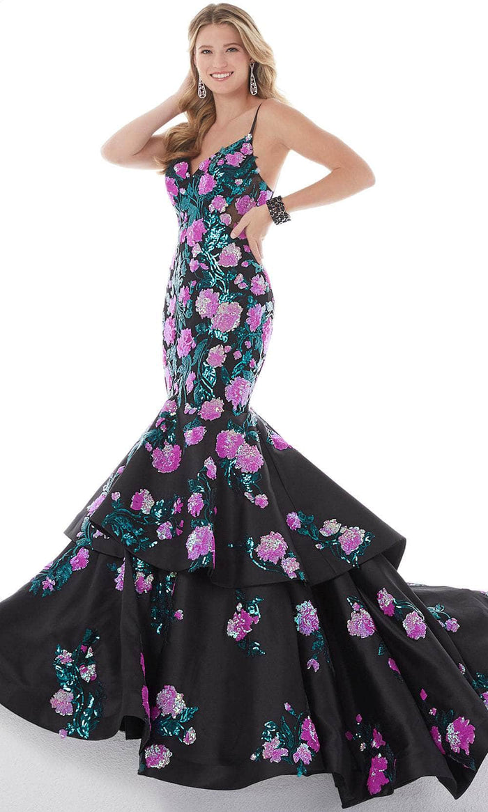 Panoply - 14095 Floral Sequin Tiered Gown Special Occasion Dress 0 / Black/Fuchsia