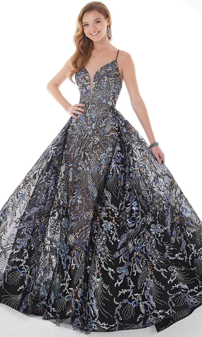 Panoply - 14120 Sequin Embroidered Overskirt Gown Special Occasion Dress 0 / Black Multi