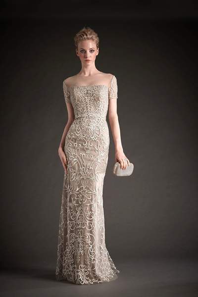 Park 108 - Illusion Short Sleeve Scroll Embroidered Gown M106 - 1 pc Silver/Nude In Size 12 Available CCSALE 12 / Silver/Nude