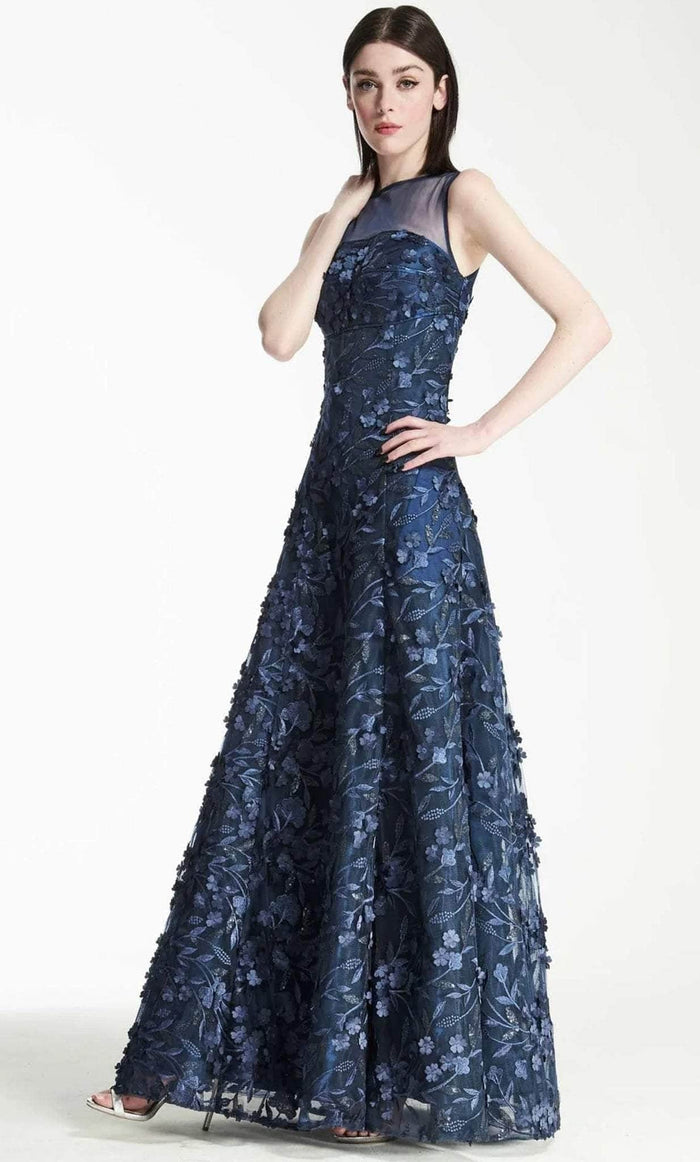 Park 108 M124X - Floral Illusion Neck Prom Gown Prom Dresses 2 / Navy