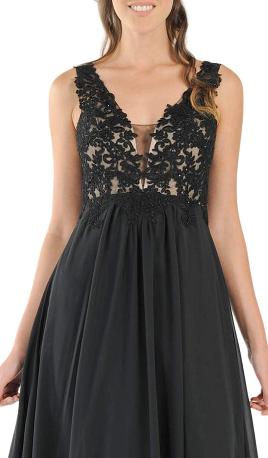 Poly USA - 8012 Embellished Lace Deep V-Neck Chiffon A-Line Dress