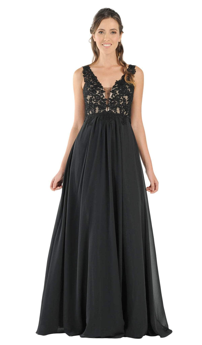 Poly USA - 8012 Embellished Lace Deep V-Neck Chiffon A-Line Dress Special Occasion Dress XS / Black