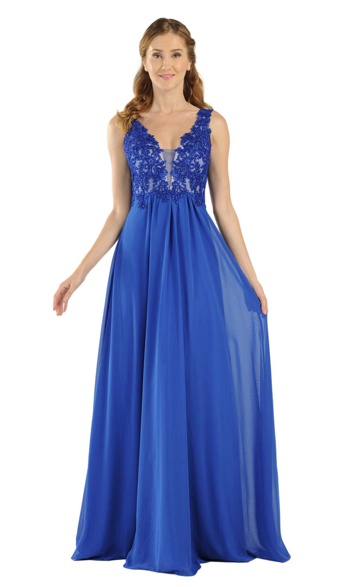 Poly USA - 8012 Embellished Lace Deep V-Neck Chiffon A-Line Dress Special Occasion Dress XS / Royal