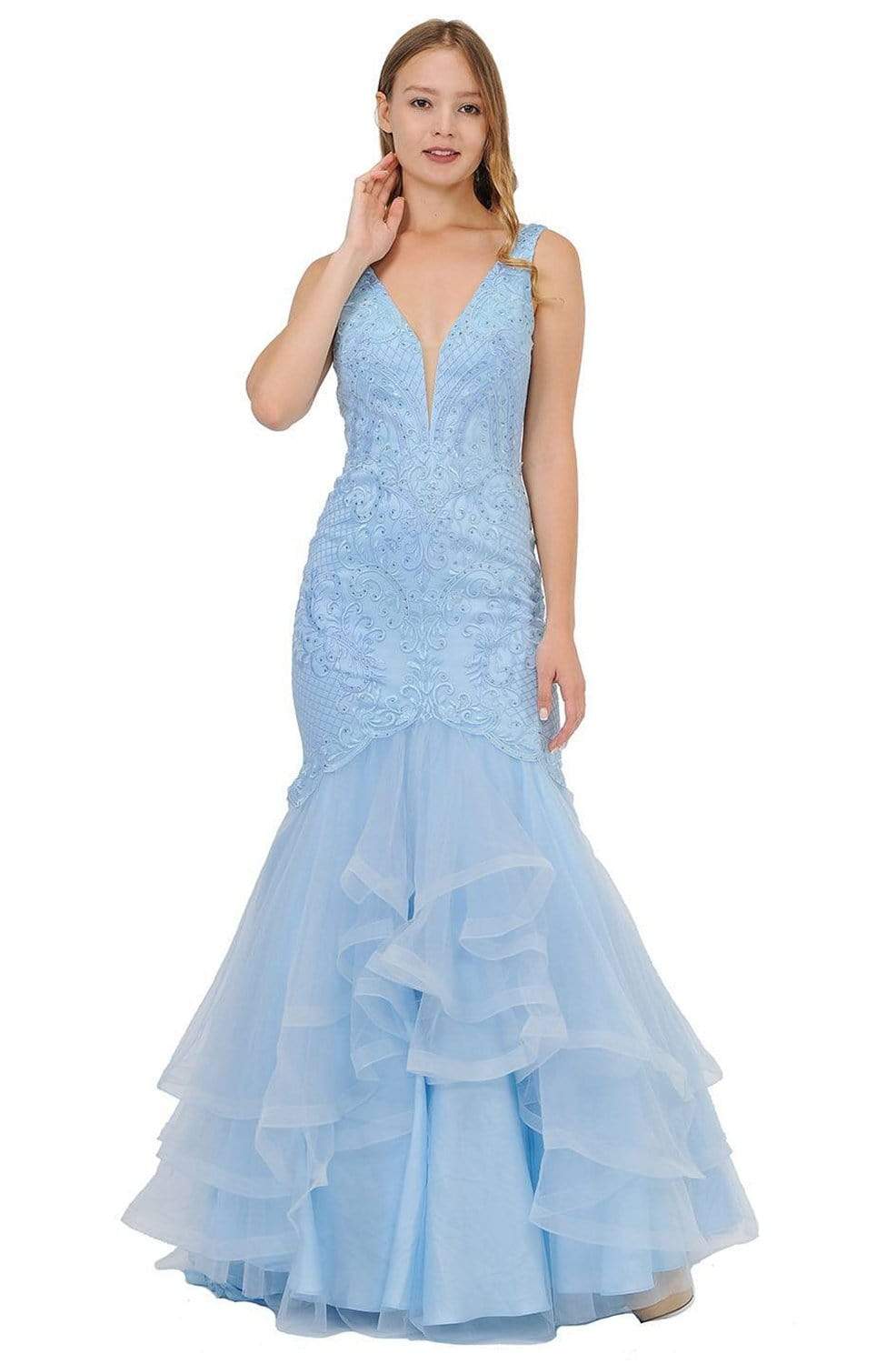 Poly USA - 8320 Embroidered Deep V-neck Tulle Mermaid Dress