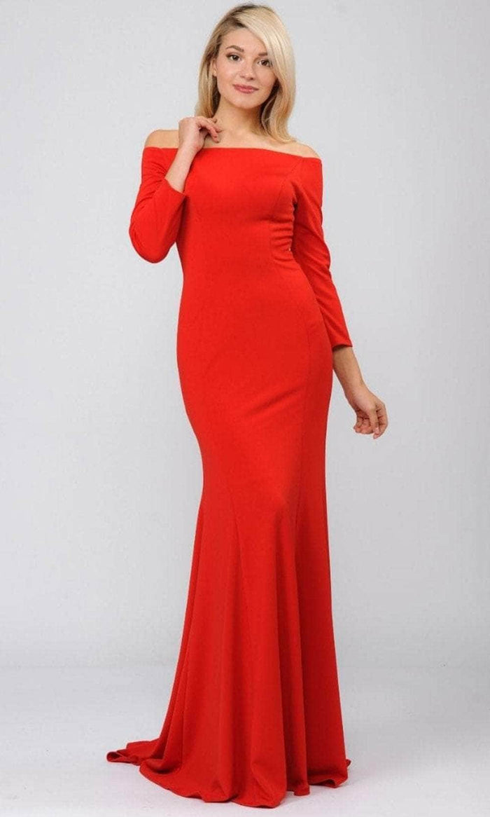 Poly USA 8378 - Off-The-Shoulder Long Sleeve Fitted Gown Mother of the Bride Dresess XS / Red