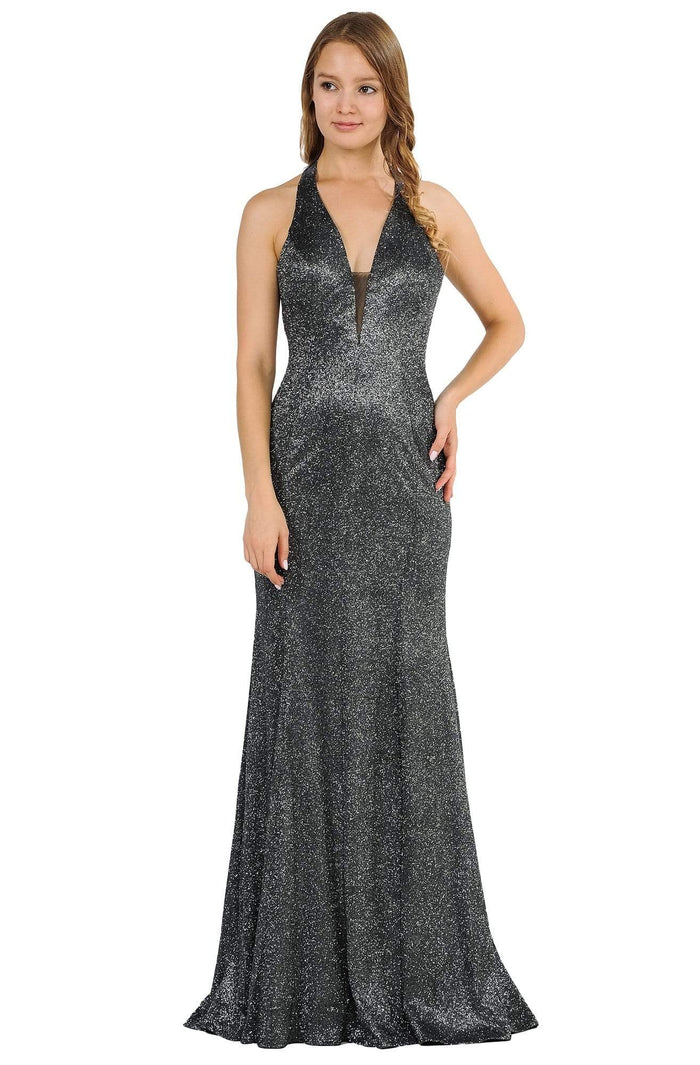 Poly USA - 8384 Deep V Neck Halter Bodice Glitter Knit Dress Pageant Dresses XS / Black/Silver