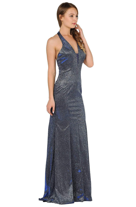 Poly USA - 8384 Deep V Neck Halter Bodice Glitter Knit Dress