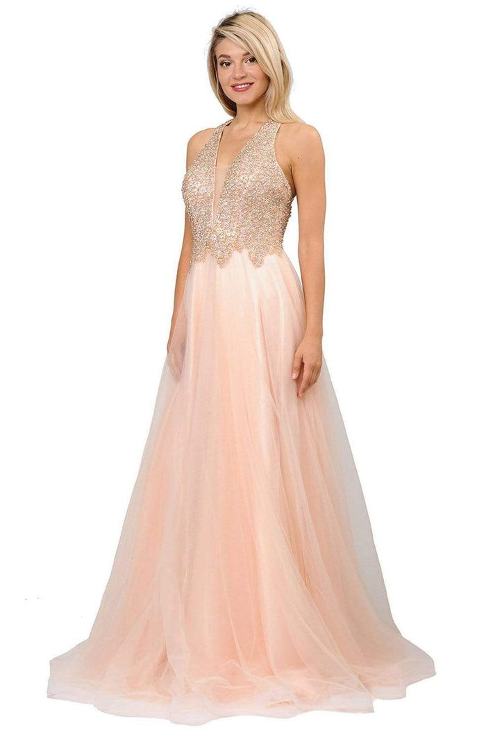 Poly USA - 8412 Beaded Deep V-neck Ballgown With Strappy Back Ball Gowns XS / Champagne