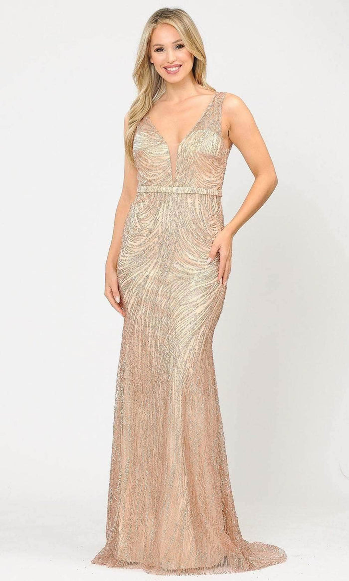 Poly USA 8424 - Glitter Mesh Sheath Prom Dress Prom Dresses XS / Rose Gold