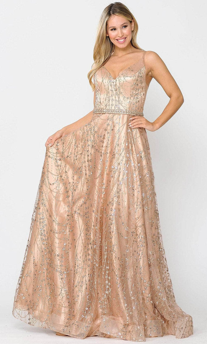 Poly USA 8450 - Embellished Sleeveless V-Neck Gown Prom Dresses XS / Rose Gold