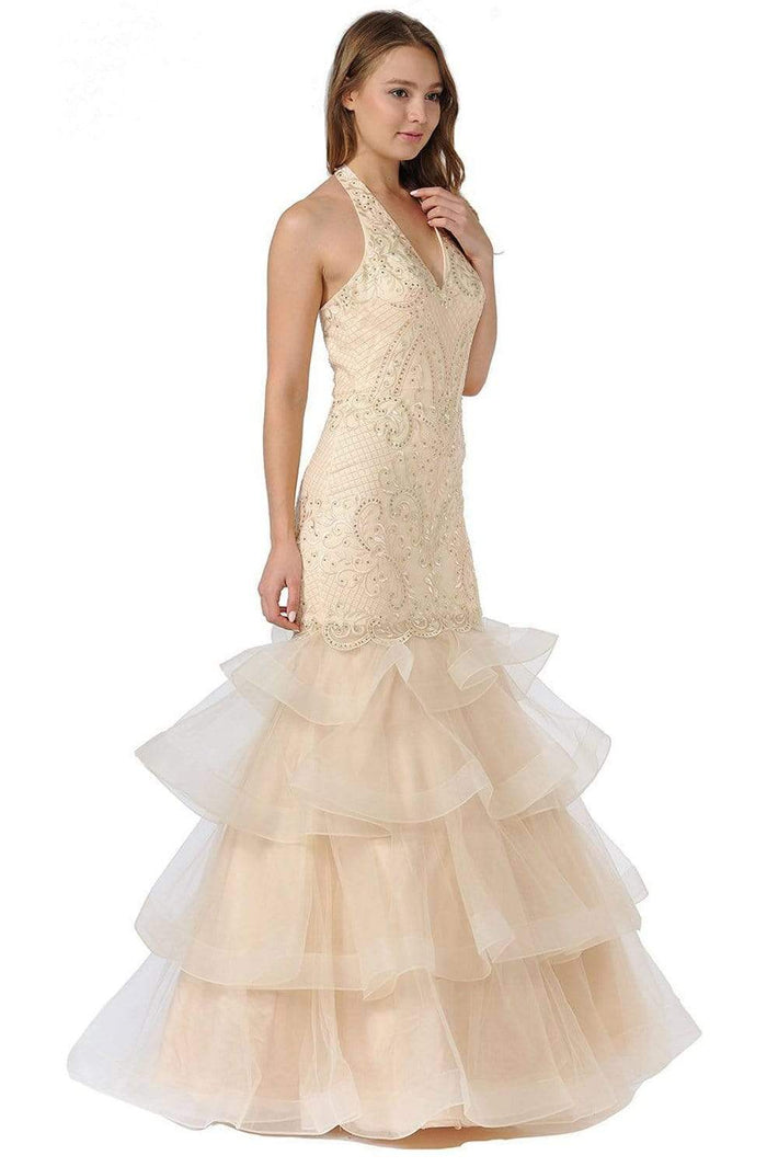 Poly USA - 8466 Embroidered Plunging Halter Trumpet Dress Prom Dresses XS / Champagne