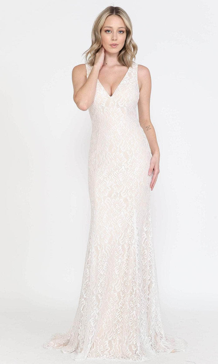 Poly USA 8496 - Lace V-Neck Long Gown Wedding Dresses S / Offwhite-Nude