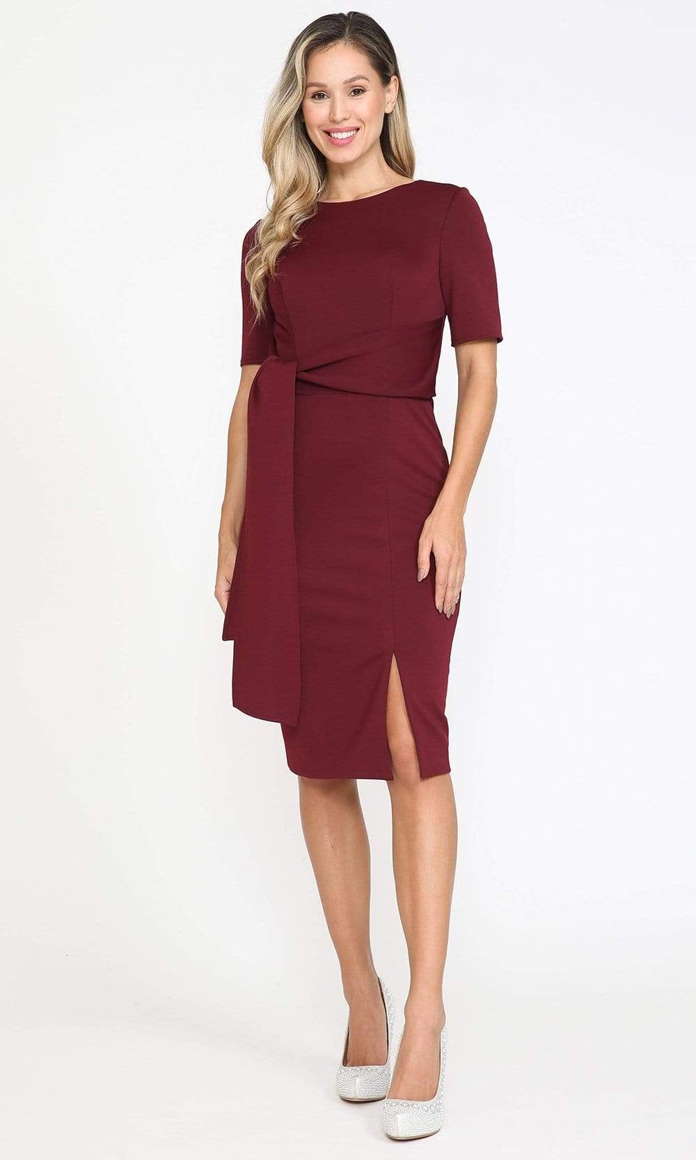 Poly USA 8524 Short Fitted Dress with Short Sleeves | FormalDressShops Burgundy / S Poly USA 8524 Short Fitted Dress with Short Sleeves | FormalDressShops Burgundy / S