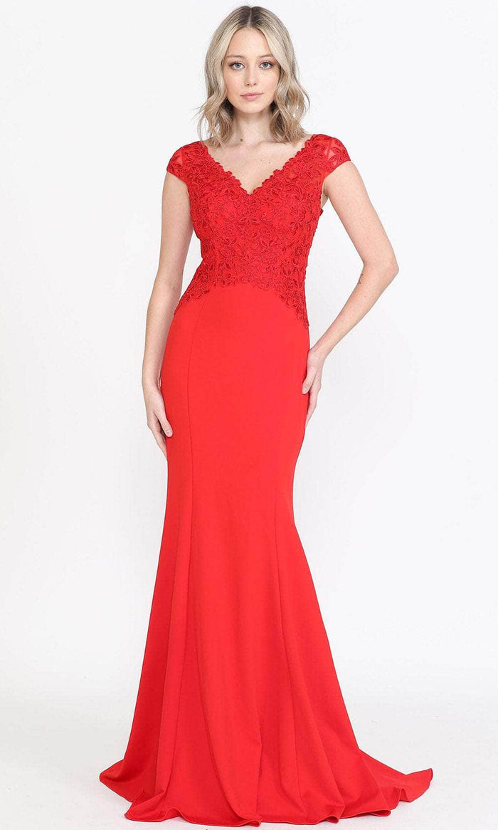 Poly USA 8558 - Embroidered Jersey V-Neck Evening Dress Special Occasion Dress XS / Red
