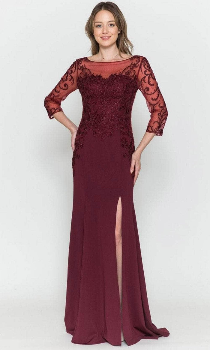 Poly USA 8564 - Illusion Quarter Sleeved Formal Dress Mother of the Bride Dresess XS / Burgundy