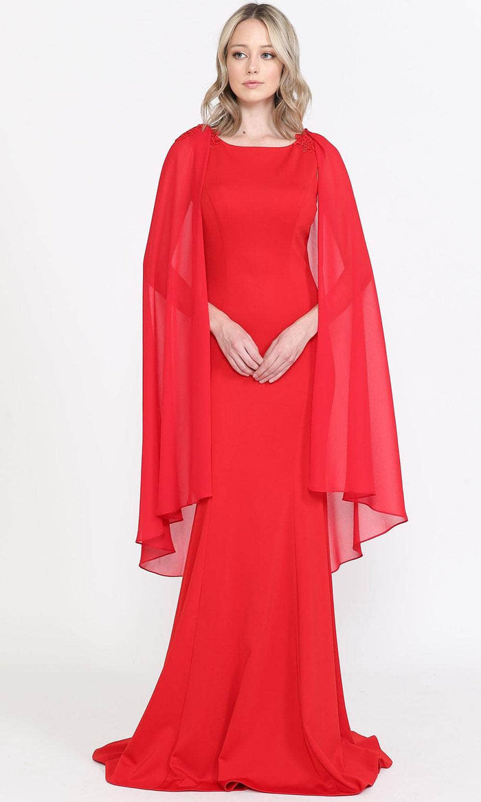 Poly USA 8566 - Jewel Neckline with Sheer Cape Long Gown Mother of the Bride Dresess XS / Red