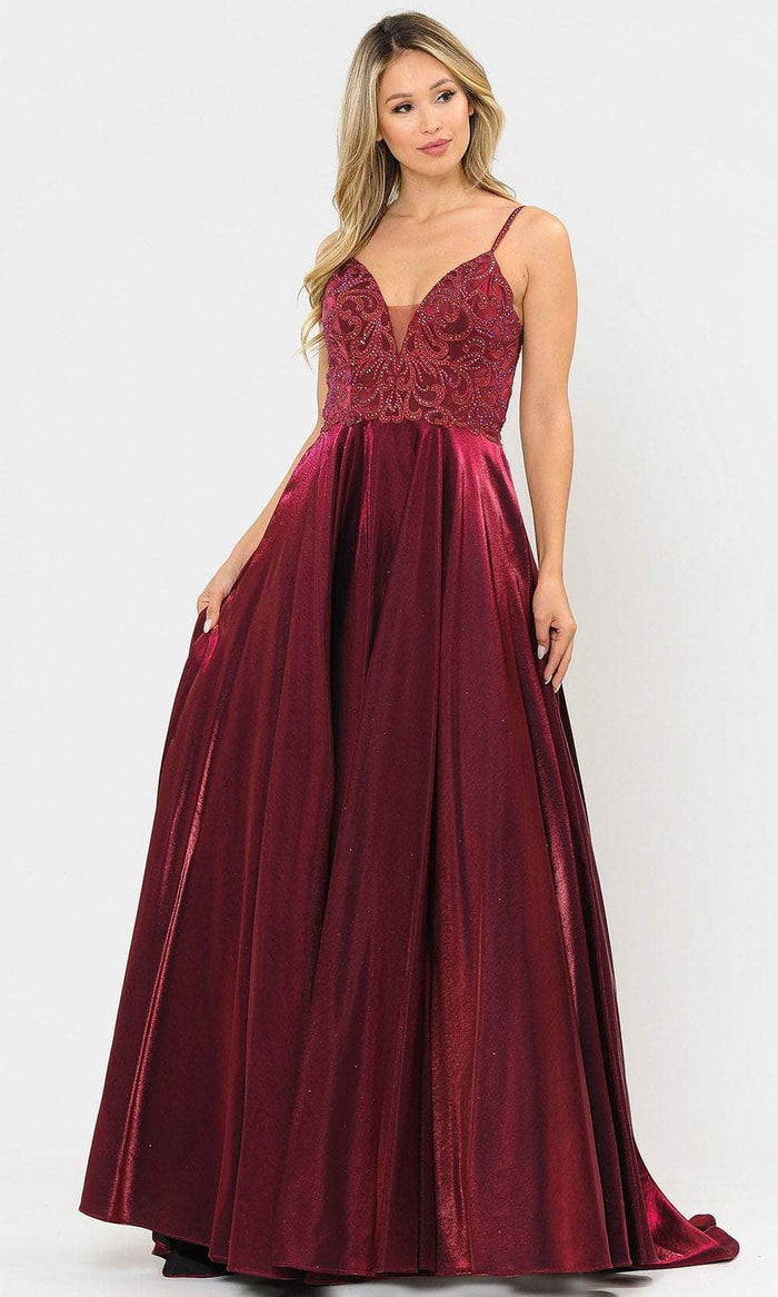 Poly USA 8576 - Sleeveless Deep V-neck Long Gown Prom Dresses XS / Burgundy