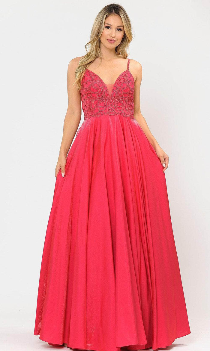 Poly USA 8576 - Sleeveless Deep V-neck Long Gown Prom Dresses XS / Hot Pink