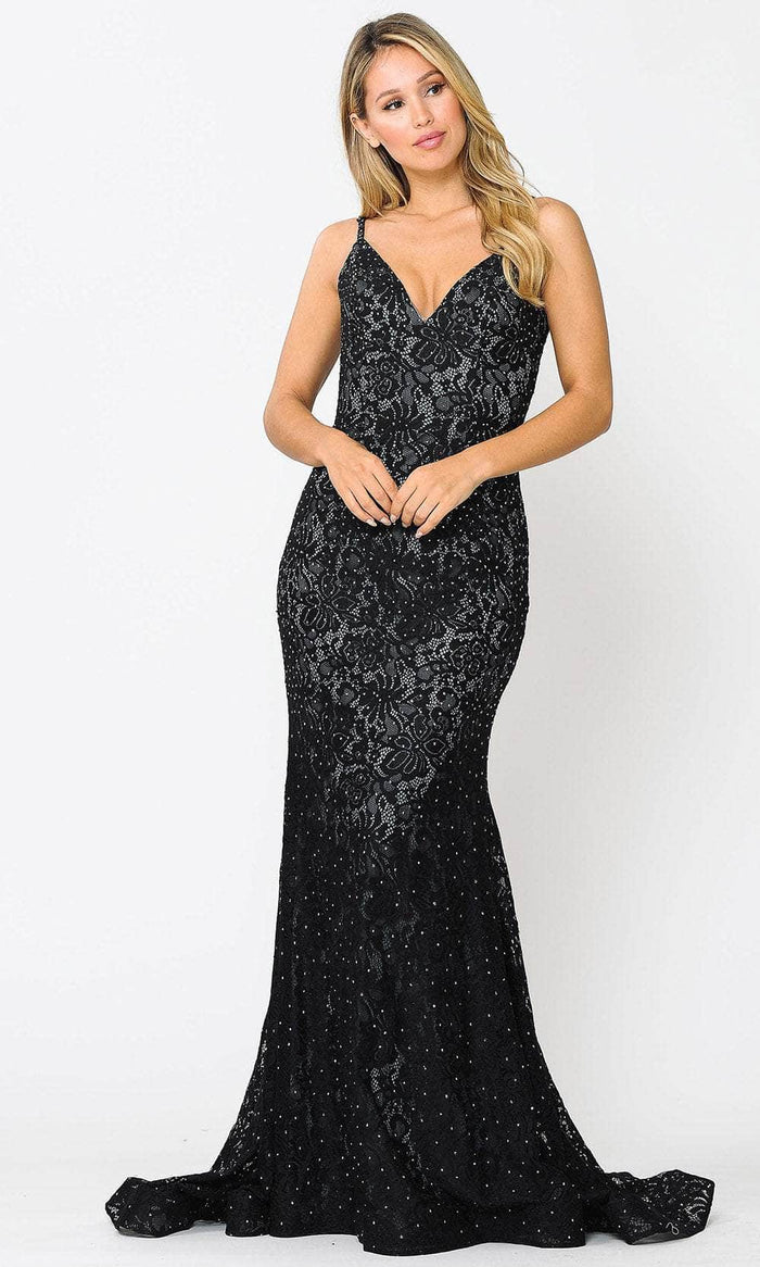 Poly USA 8590 - V-Neck Laced Mermaid Dress Prom Dresses XS / Black