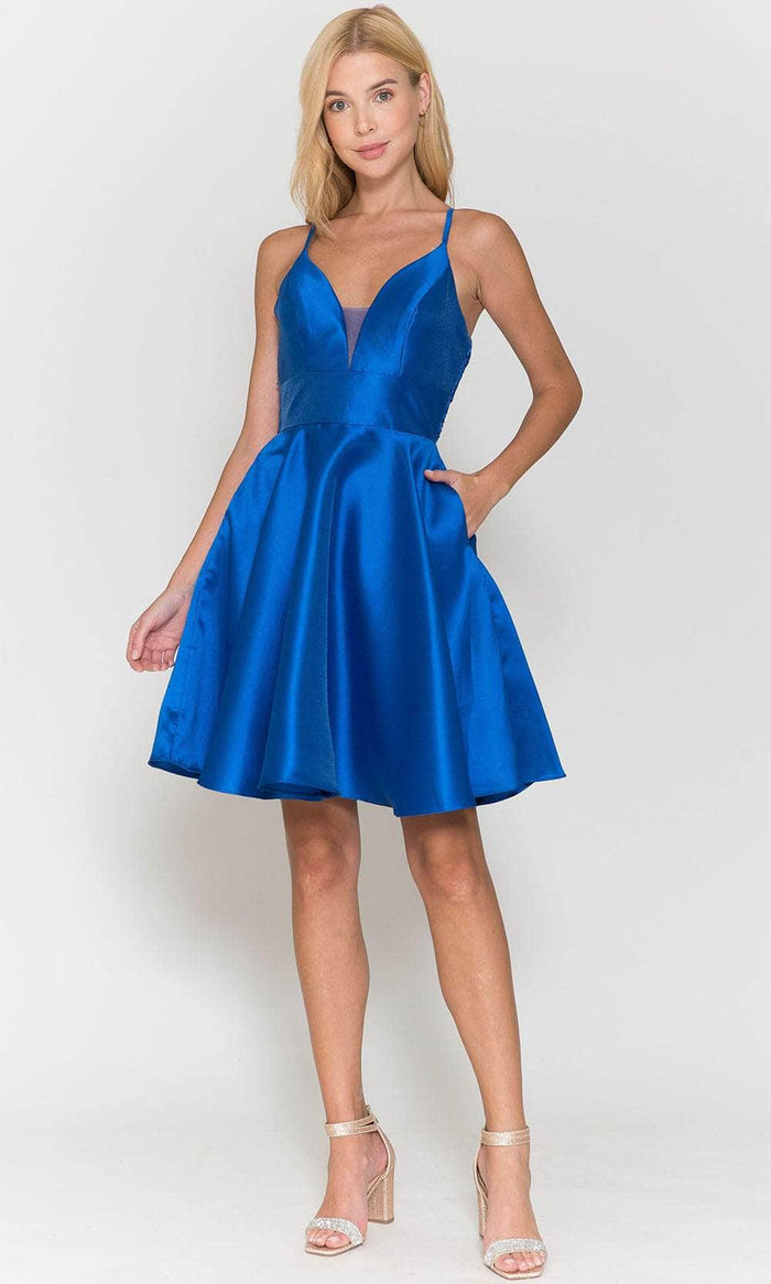 Poly USA 8698 - Sleeveless Plunging V-neck Cocktail Dress Cocktail Dresses XS / Royal