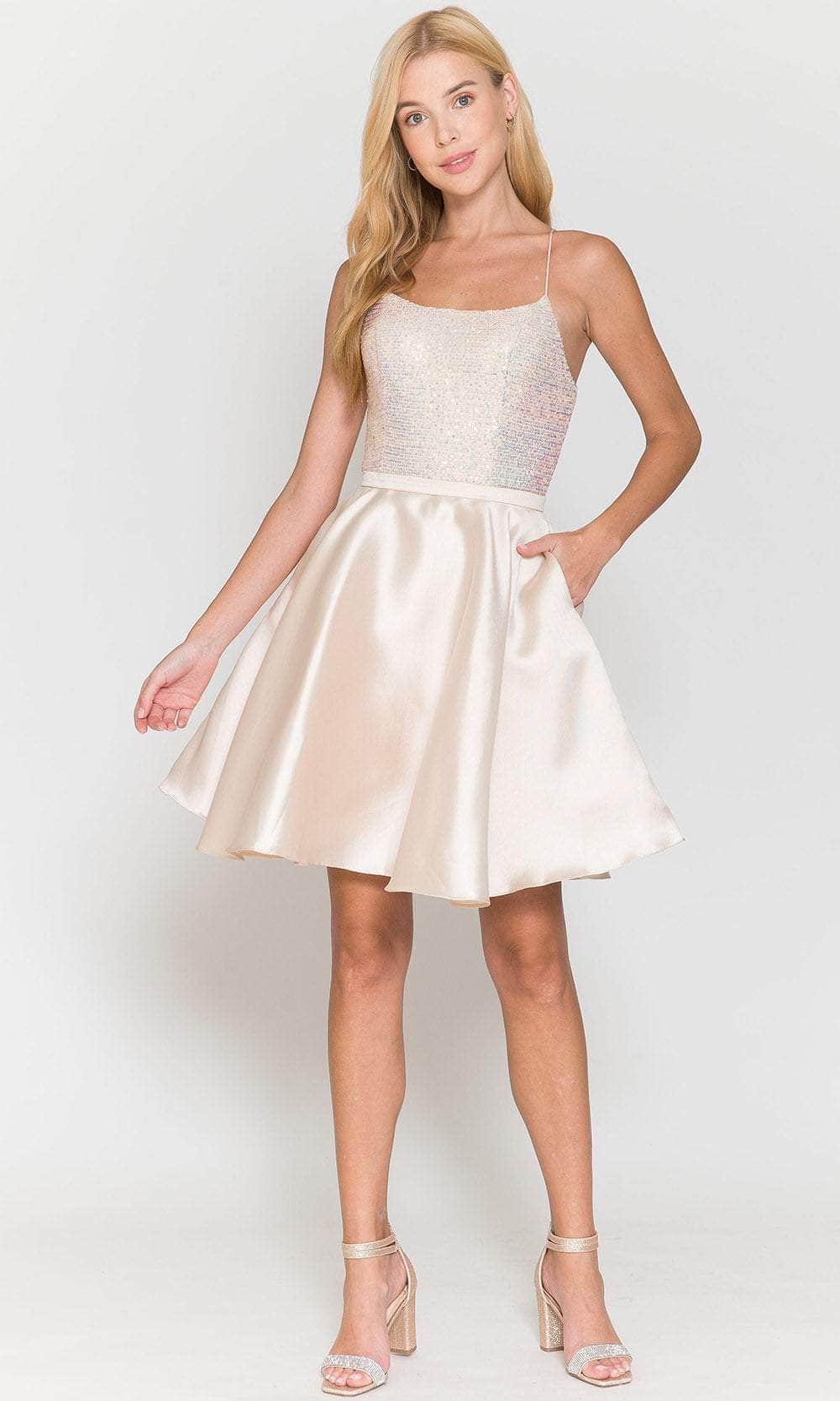 Poly USA 8730 Short Sequin Bodice A-line Dress | FormalDressShops Blush / L Poly USA 8730 Short Sequin Bodice A-line Dress | FormalDressShops Blush / L