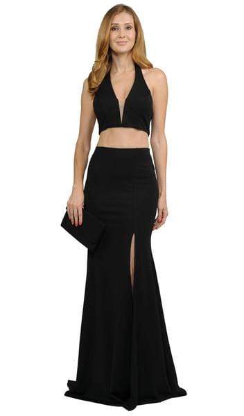 Poly USA - Two Piece Deep Halter V-neck Jersey Trumpet Dress 8128 - 1 pc Black In Size M Available CCSALE M / Black