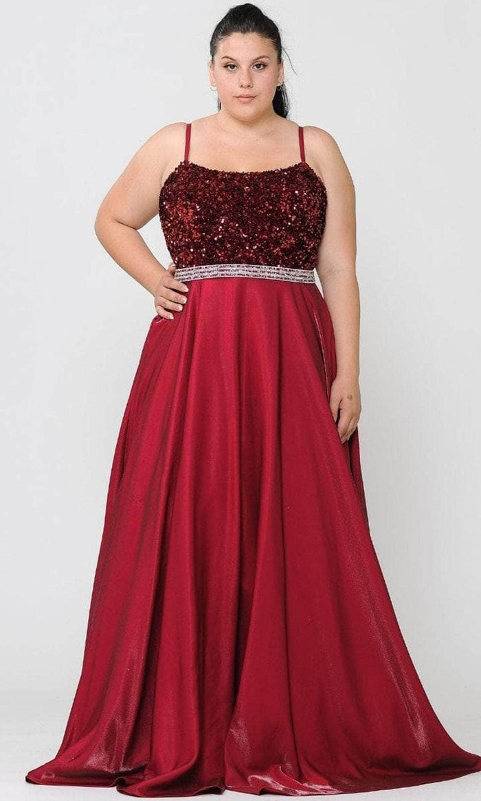 Poly USA W1018 - Sequin Scoop Neck Evening Gown Prom Dresses 14W / Burgundy