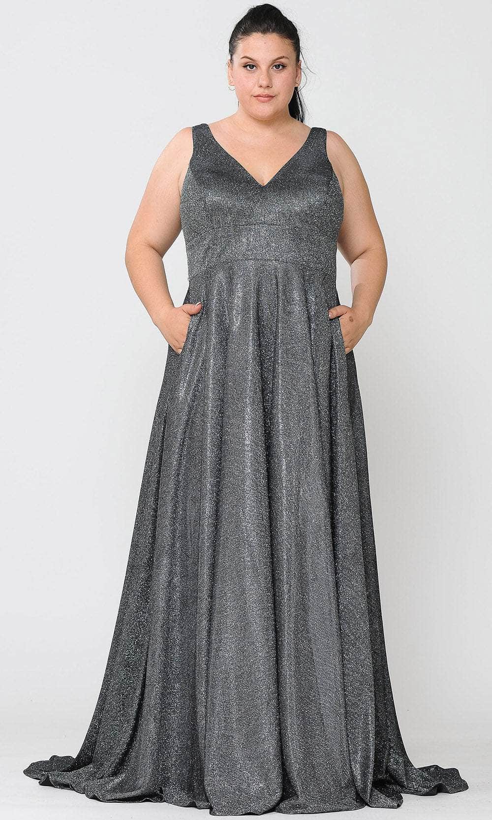 plus size silver dresses for special occasions Poly USA W1036 - Plunging Neckline Metallic Glittered Dress 14W / Black