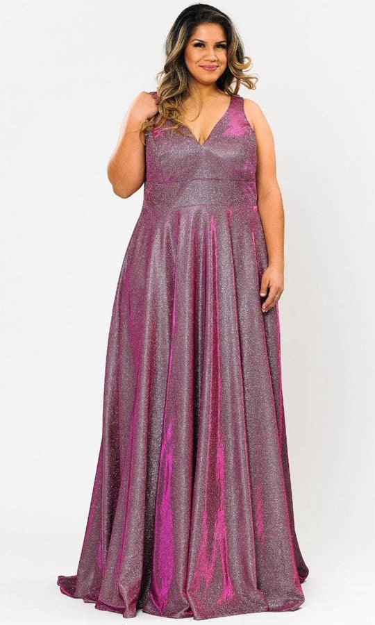 Poly USA W1036 - Plunging Neckline Metallic Glittered Dress