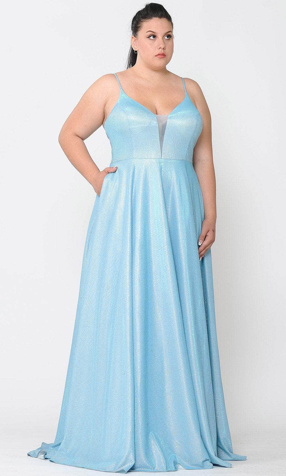Poly USA W1048 Plus Size Long V-Neck Metallic Glitter Dress | FormalDressShops Blue / 16W Poly USA W1048 Plus Size Long V-Neck Metallic Glitter Dress | FormalDressShops Blue / 16W
