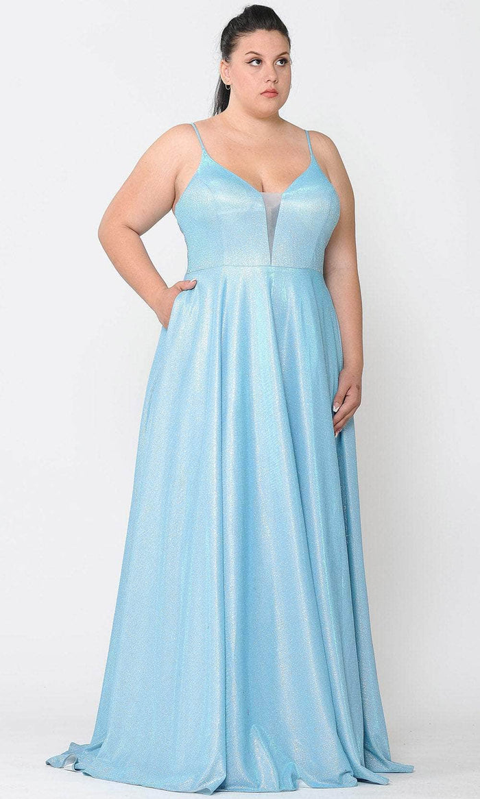 Poly USA W1048 - Plunged V-Neck Iridescent Formal Dress Evening Dresses 14W / Blue