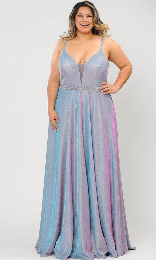 Poly USA W1048 - Plunged V-Neck Iridescent Formal Dress
