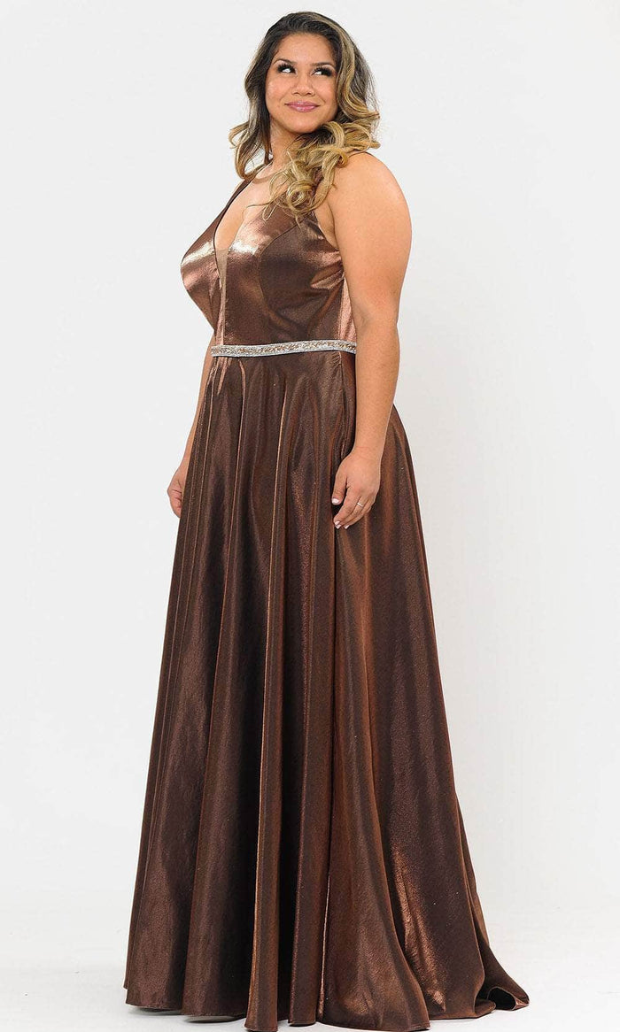 Poly USA W1062 - Sleeveless Plunging V-neck Evening Gown Prom Dresses 14W / Bronze
