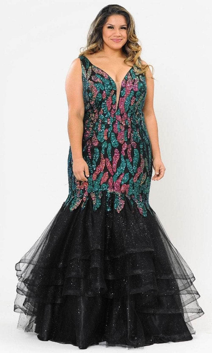 Poly USA W1072 - Sequin Tiered Mermaid Evening Gown Special Occasion Dress 14W / Multicolor