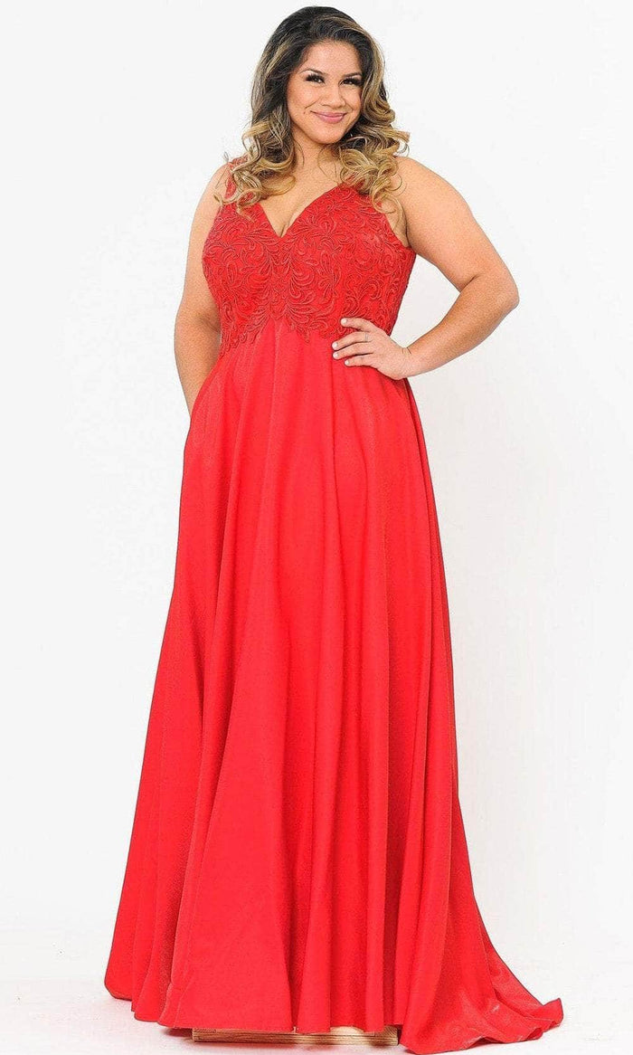 Poly USA W1074 - Lace Bodice A-Line Evening Dress Prom Dresses 14W / Red