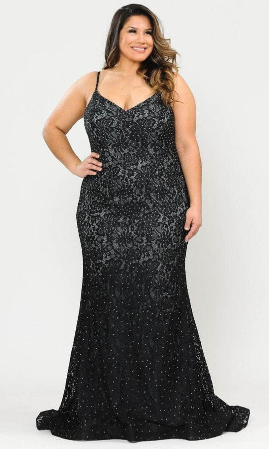 Poly USA W1090 - Beaded Lace Trumpet Evening Gown