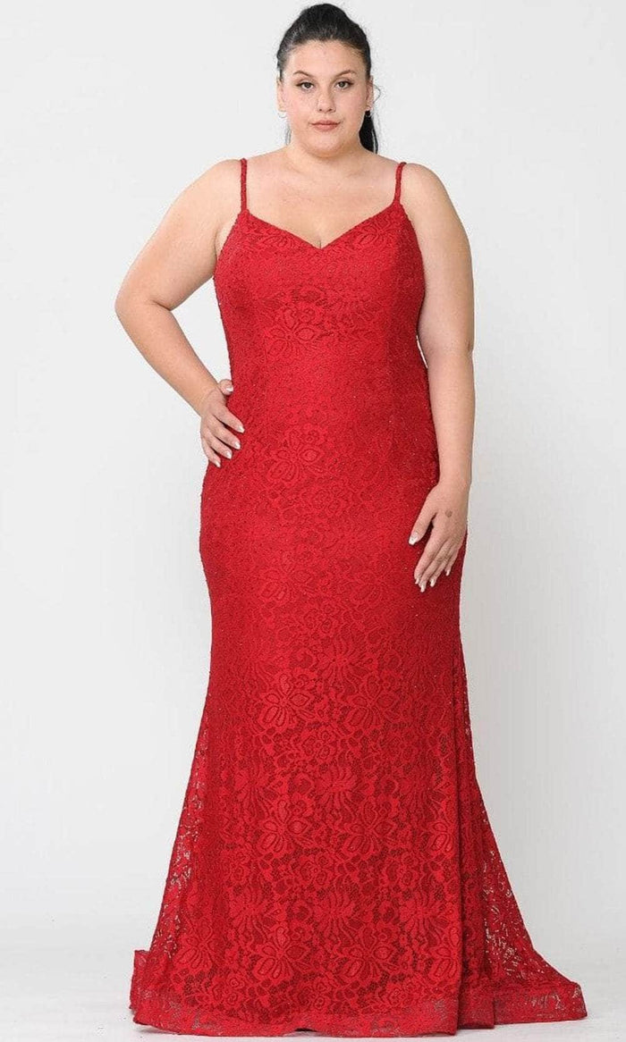 Poly USA W1090 - Beaded Lace Trumpet Evening Gown Prom Dresses 14W / Red