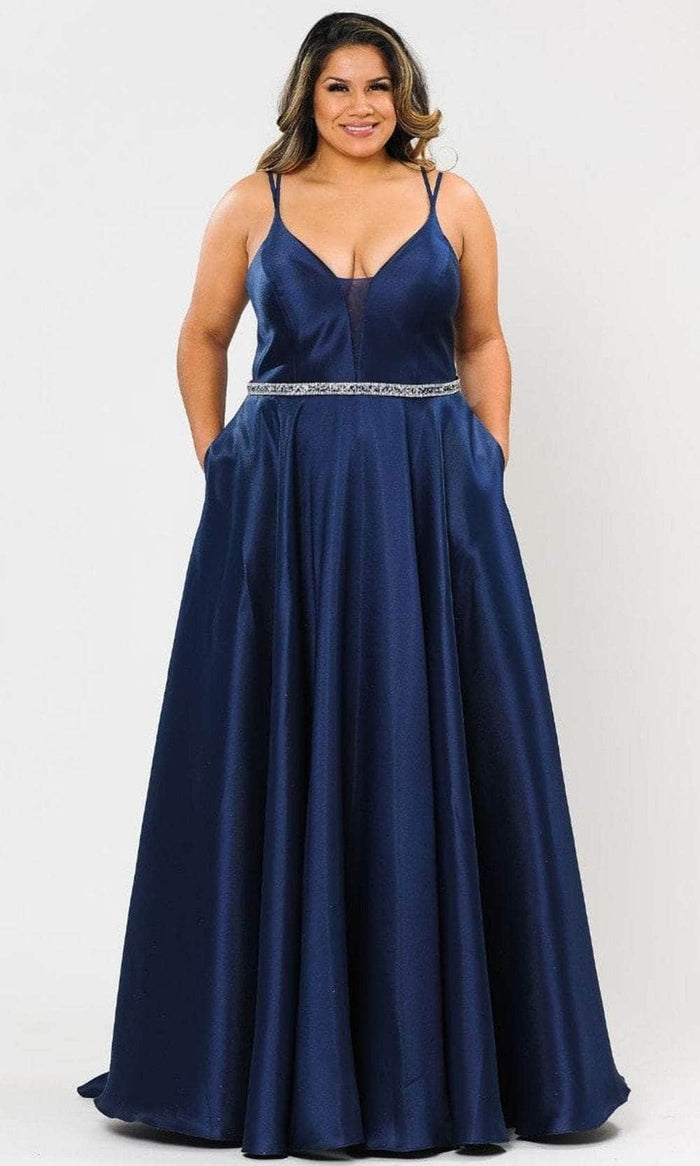 Poly USA W1106 - Plunging Mikado A-Line Evening Gown Prom Dresses 14W / Navy