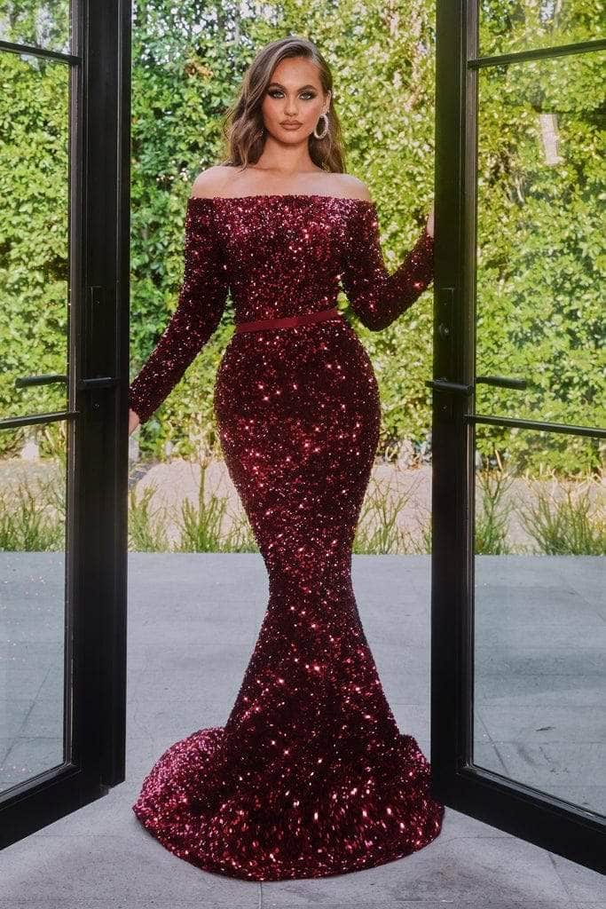 Portia and Scarlett - Long Sleeve Sequin Gown PS21032 - 1 pc Deep-Red in Size 16 Available CCSALE 16 / Deep-Red