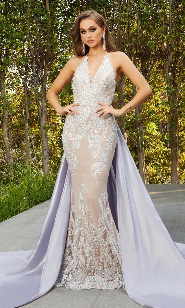 Portia and Scarlett - Ps21040 Plunging Glitter Overskirt Gown Special Occasion Dress 18 / Lilac Blush