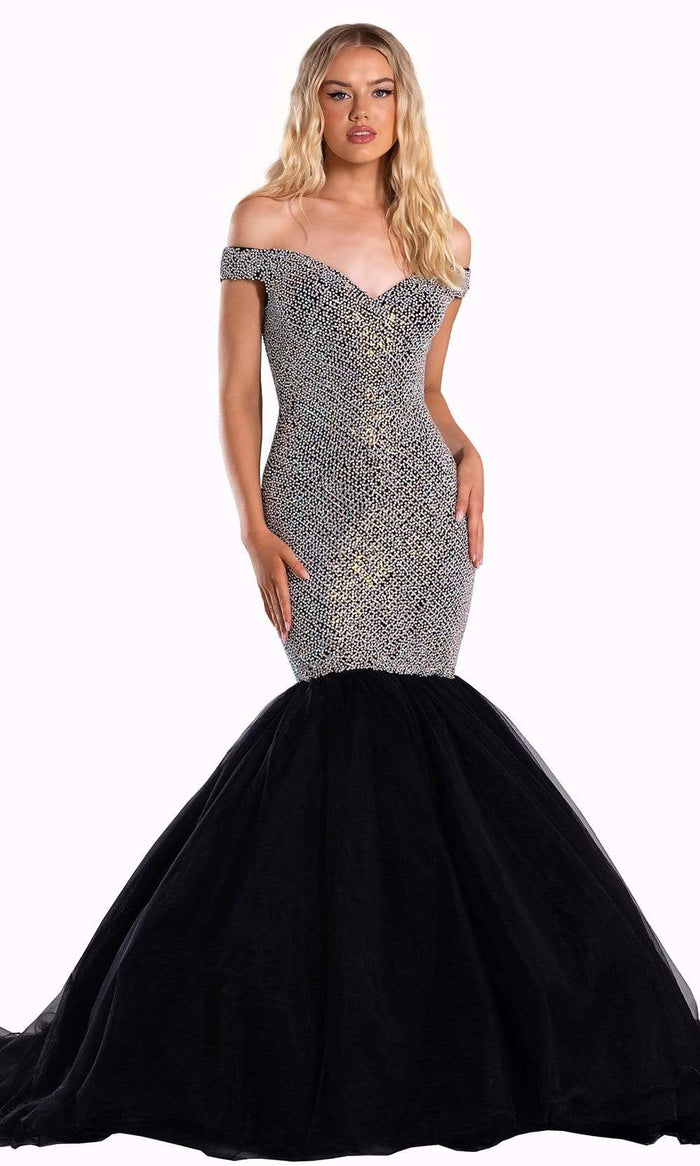 Portia and Scarlett - PS21046 Jeweled Off Shoulder Trumpet Gown Special Occasion Dress 0 / Black Multi