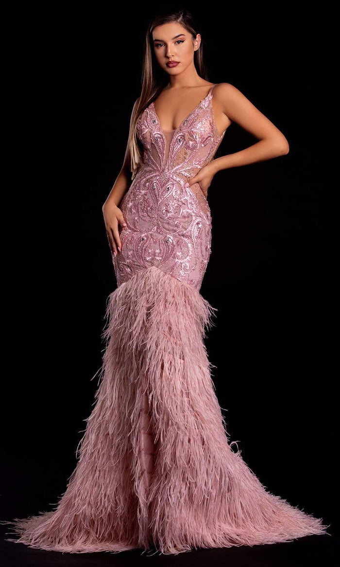 Portia and Scarlett - PS21128 Beaded Bodice Feather Mermaid Gown Evening Dresses 0 / Blush