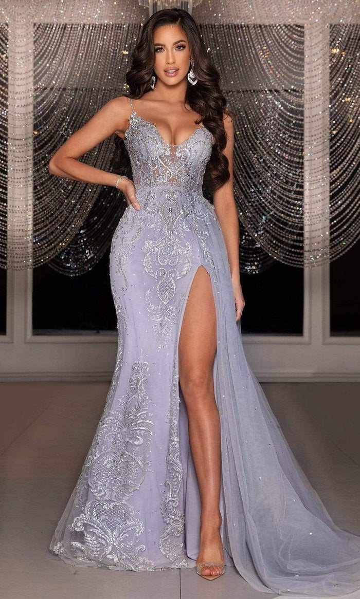 Portia and Scarlett - PS22125 Embroidered Plunging Sweetheart Gown Prom Dresses 0 / Ice