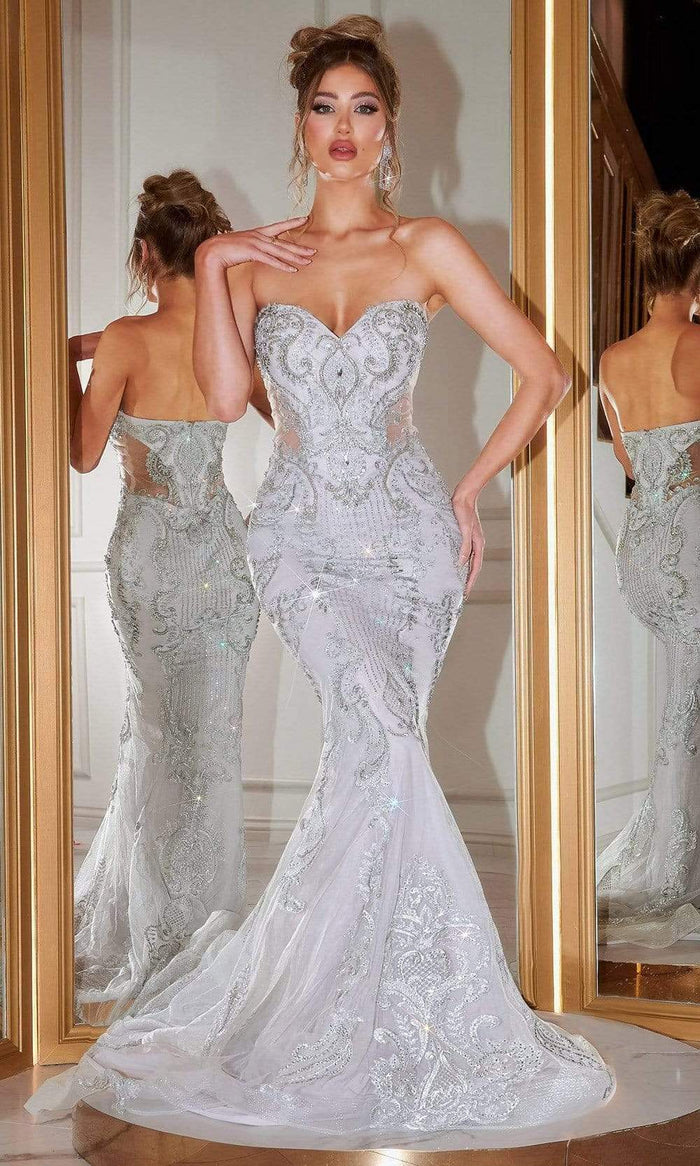 Portia and Scarlett - PS22132 Embroidered Strapless Mermaid Gown Prom Dresses 0 / Silver